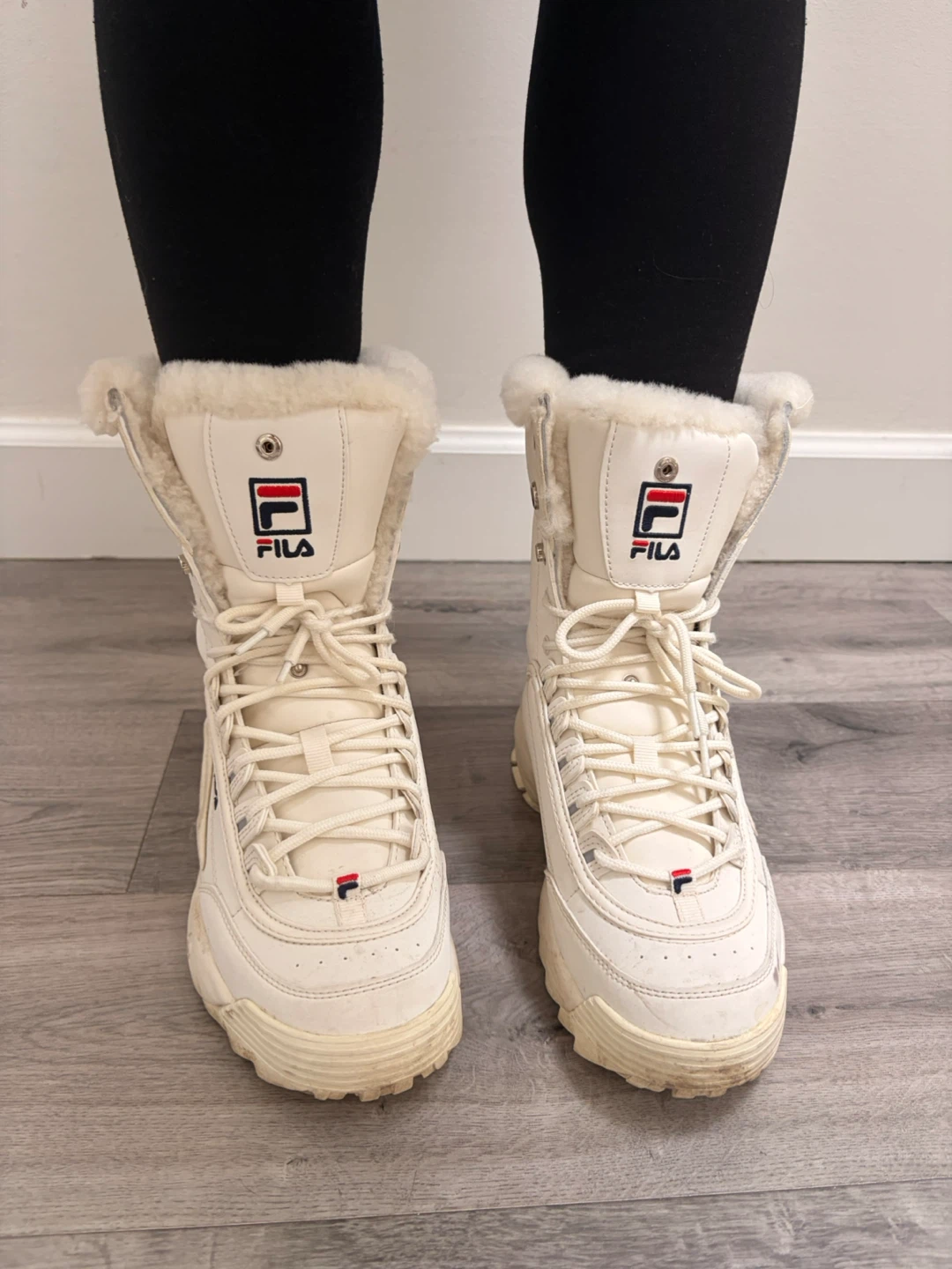 Fila Cream & Shearling Lace-Up Boots - Size 7.5