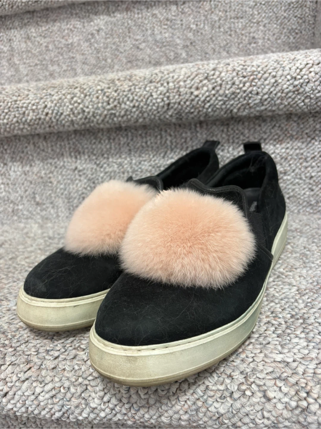 Black Suede Slip-On Sneakers with Pink Fur Pom-Poms - photo 2