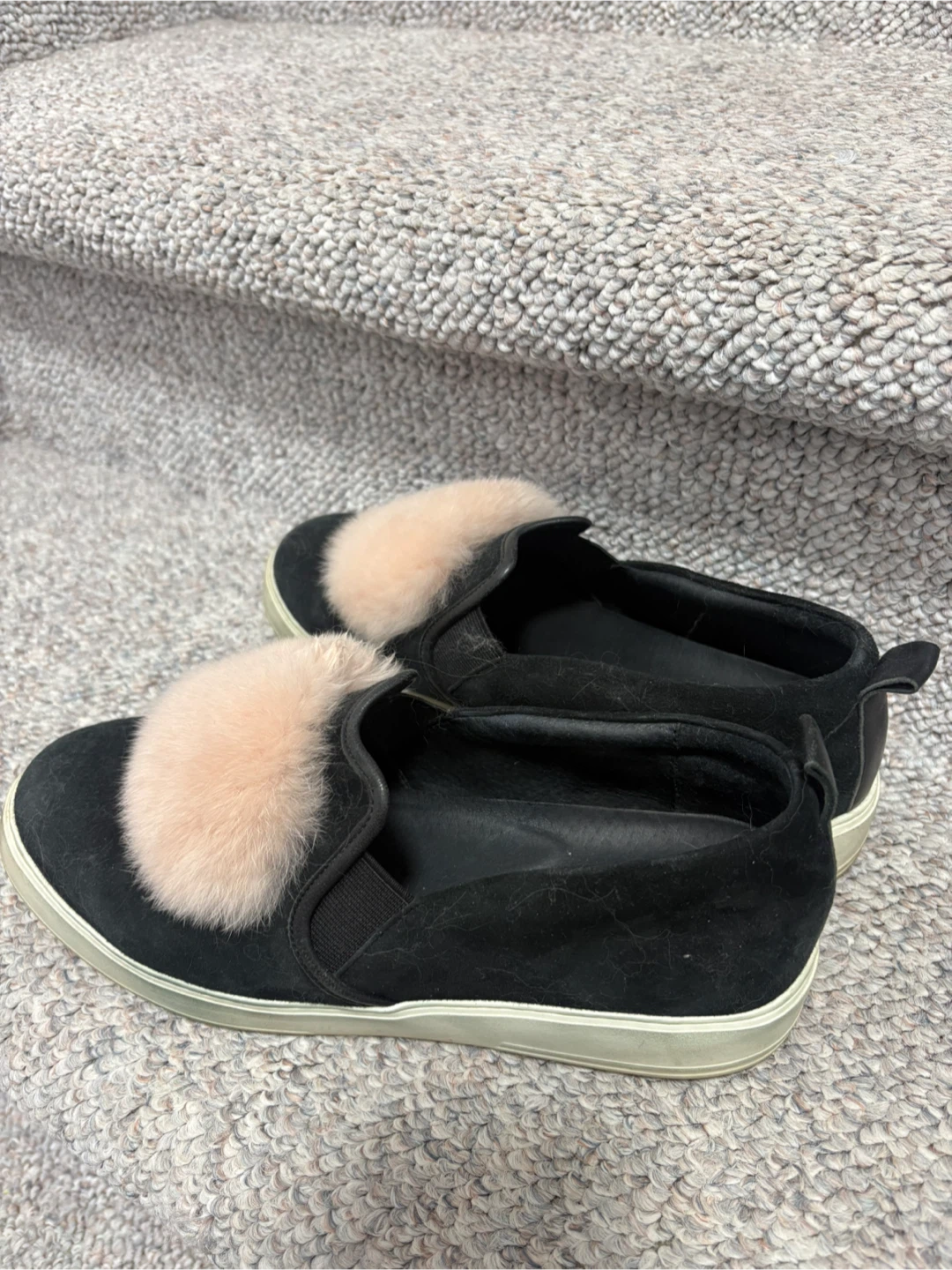 Black Suede Slip-On Sneakers with Pink Fur Pom-Poms