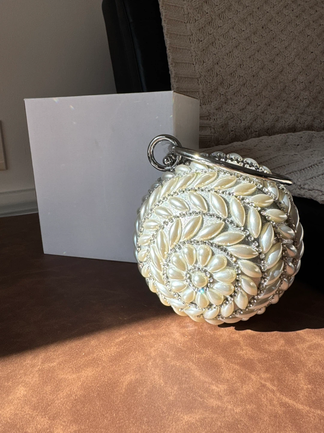 Round Pearl and Rhinestone Embellished Clutch Bag