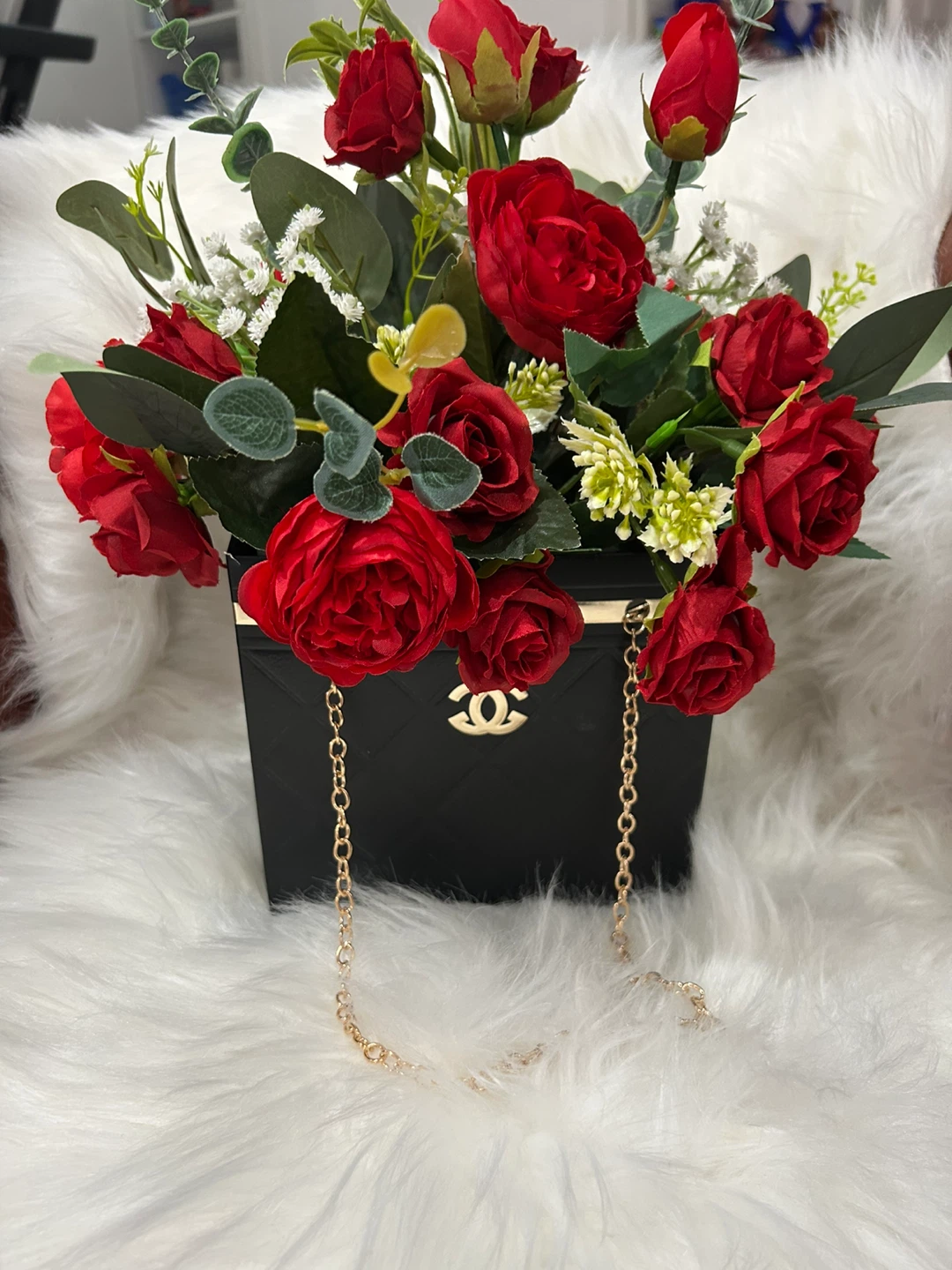 Artificial Red Rose Arrangement in Black Purse