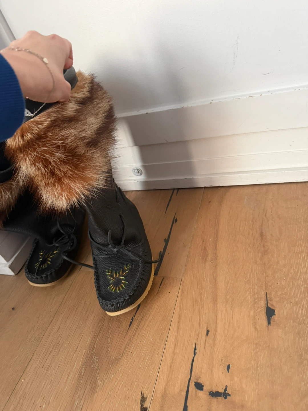 Black Leather Moccasin Boots with Fur Trim