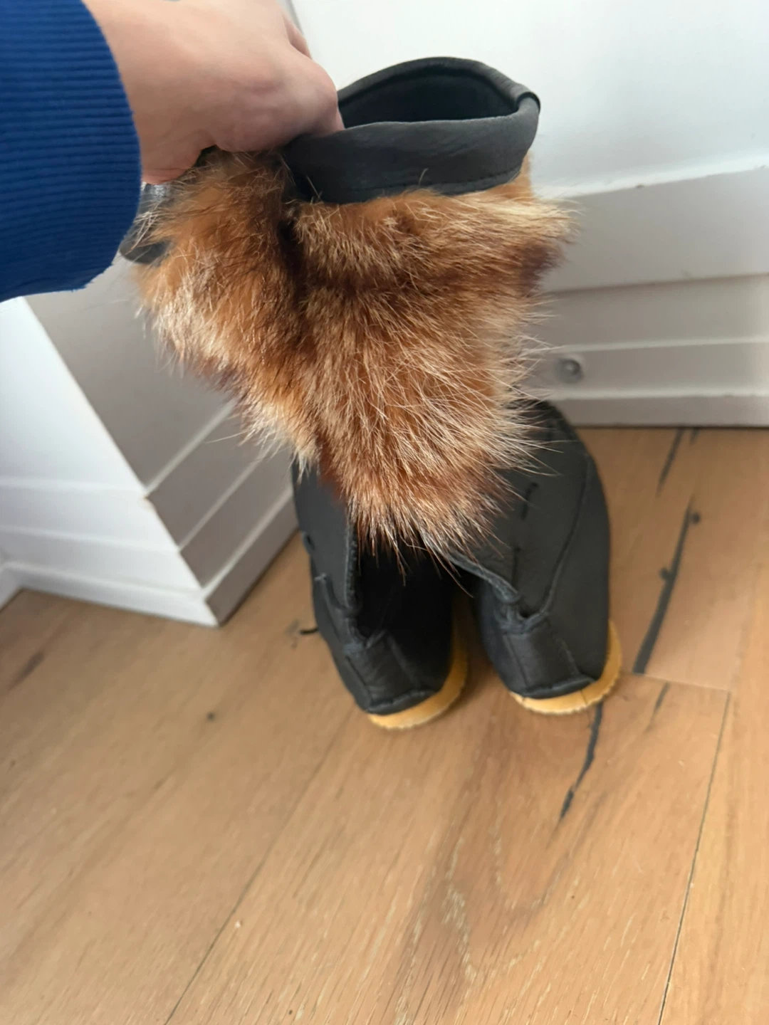 Black Leather Moccasin Boots with Fur Trim - photo 3