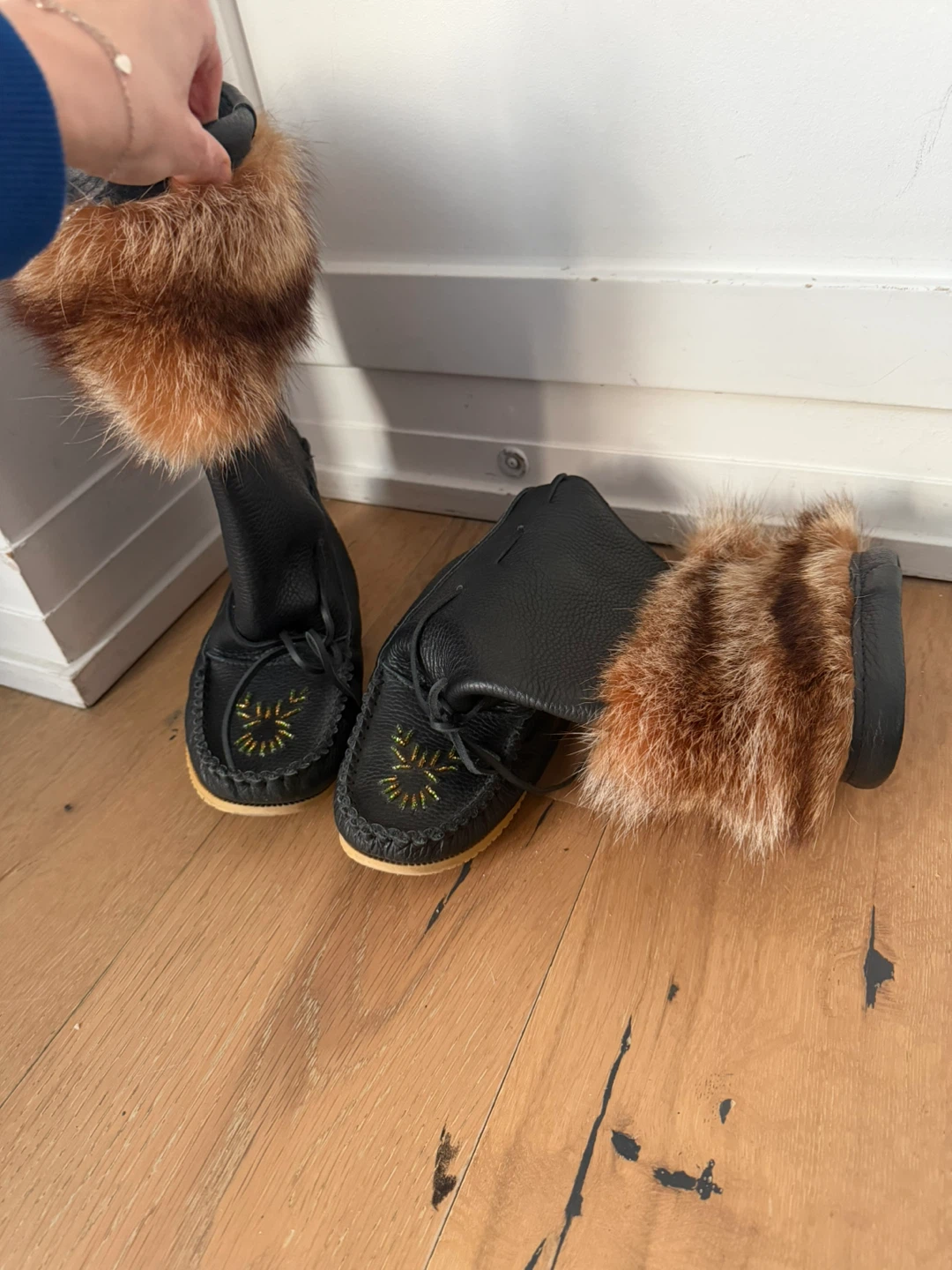Black Leather Moccasin Boots with Fur Trim - photo 2