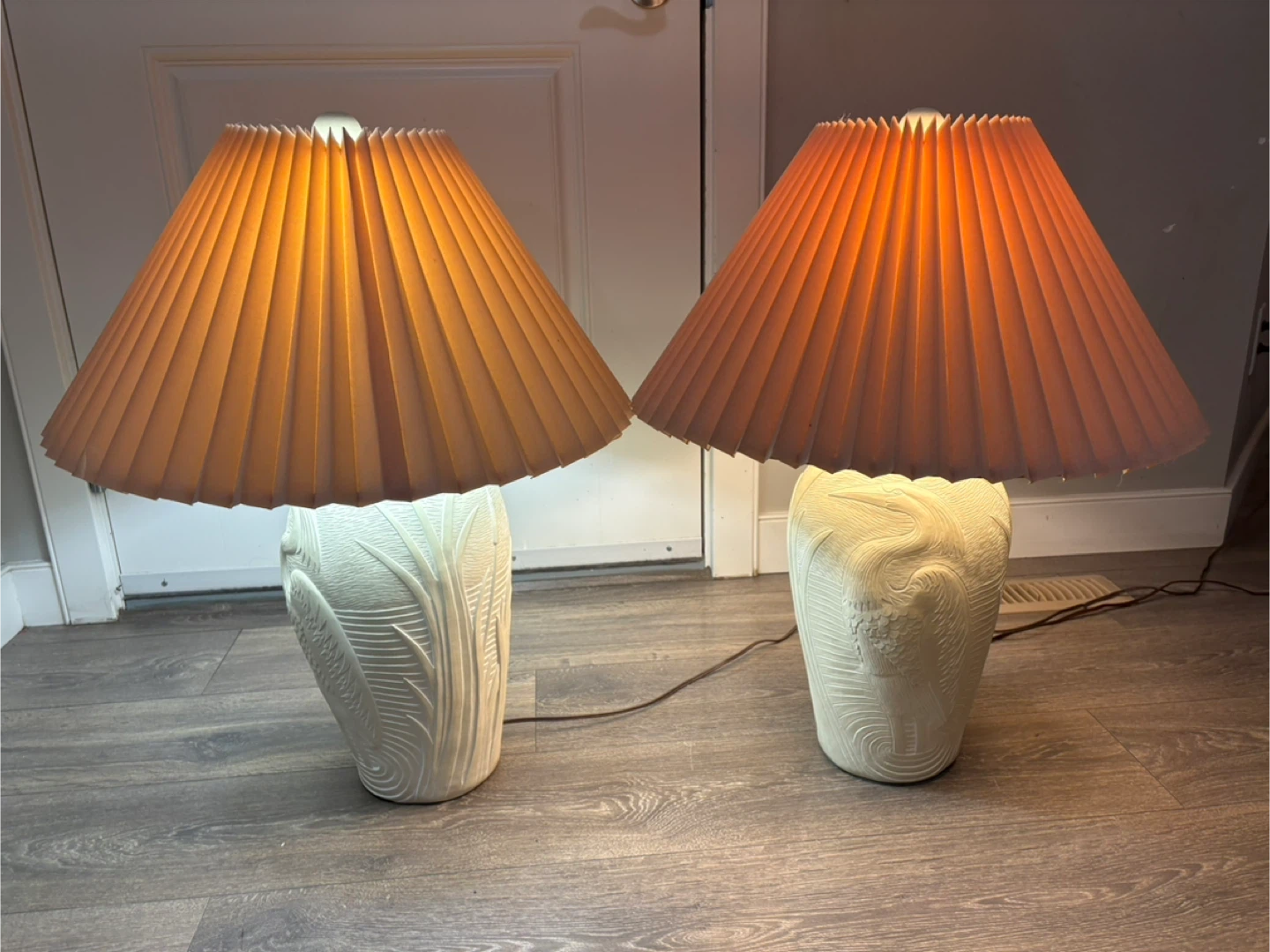Vintage Cream Ceramic Table Lamps with Pleated Shades - Set of 2
