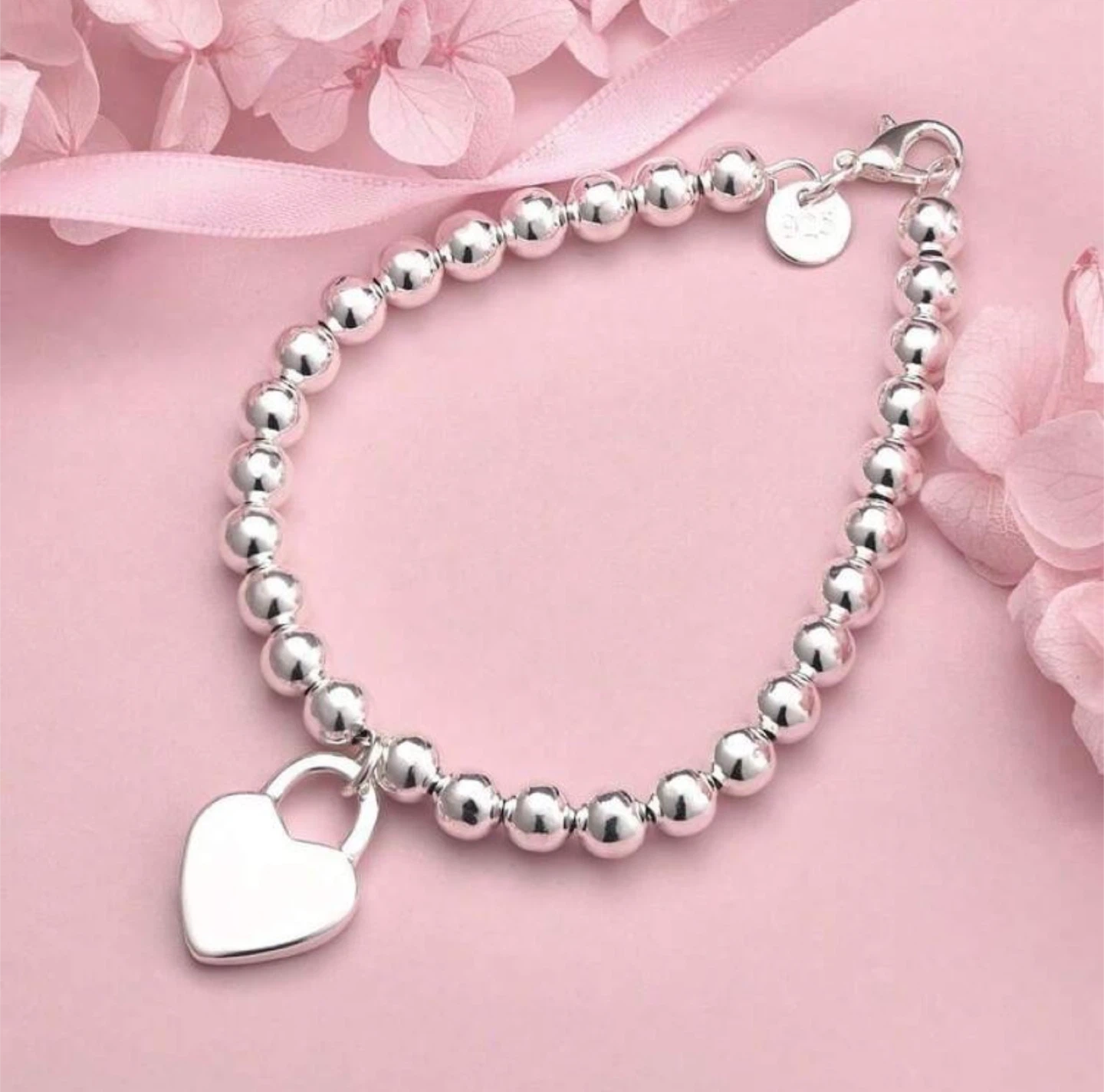925 sterling Silver Heart Charm Beaded Bracelet - photo 3