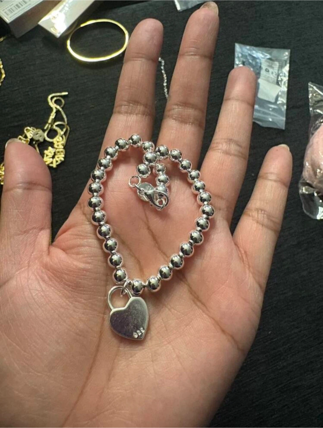 925 sterling Silver Heart Charm Beaded Bracelet