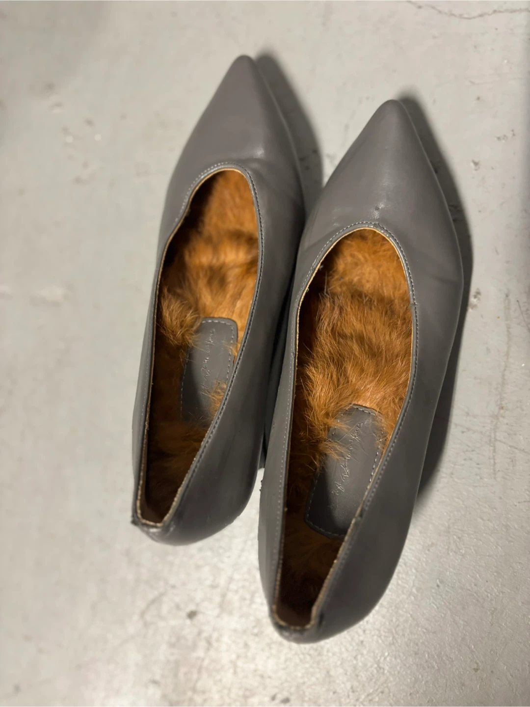 Grey Leather Pointed Toe Heels with Fur Lining