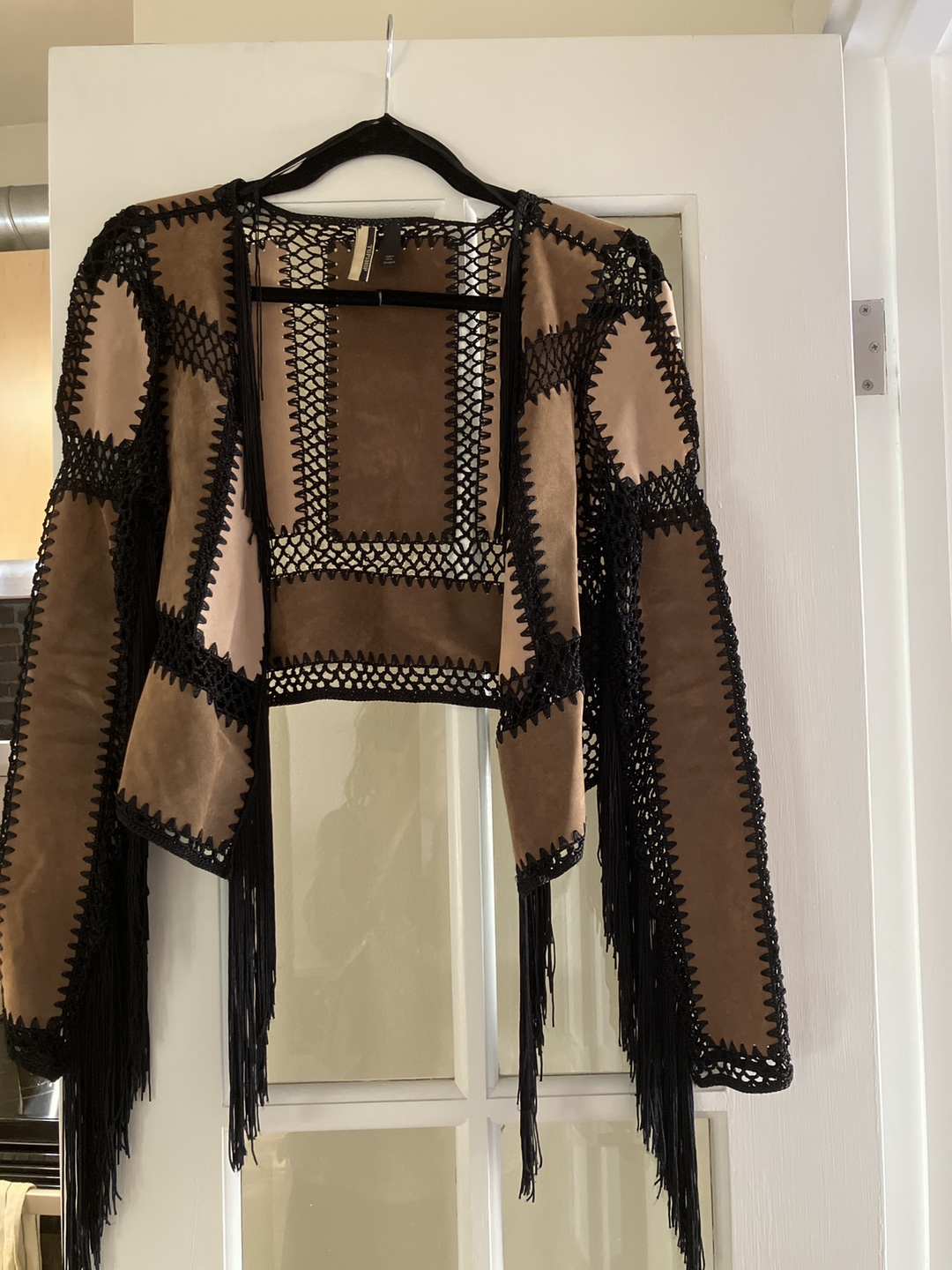 Cropped Suede Jacket with Crochet and Fringe