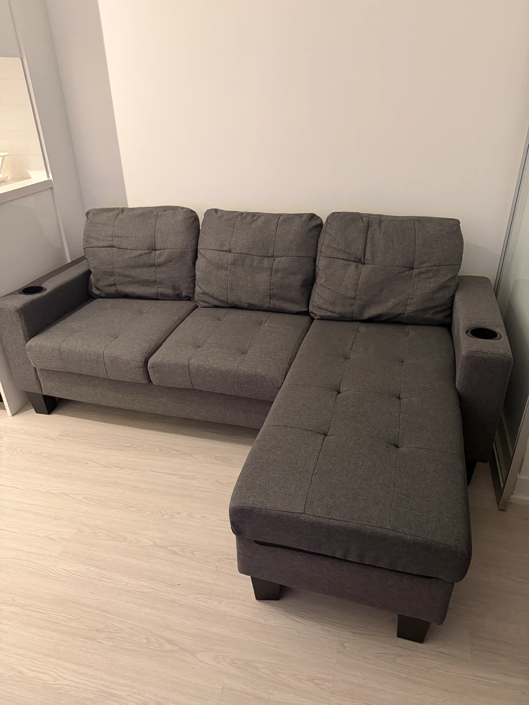 Gray Sectional Sofa w/ Reversible Chaise + Storage & Cup Holder