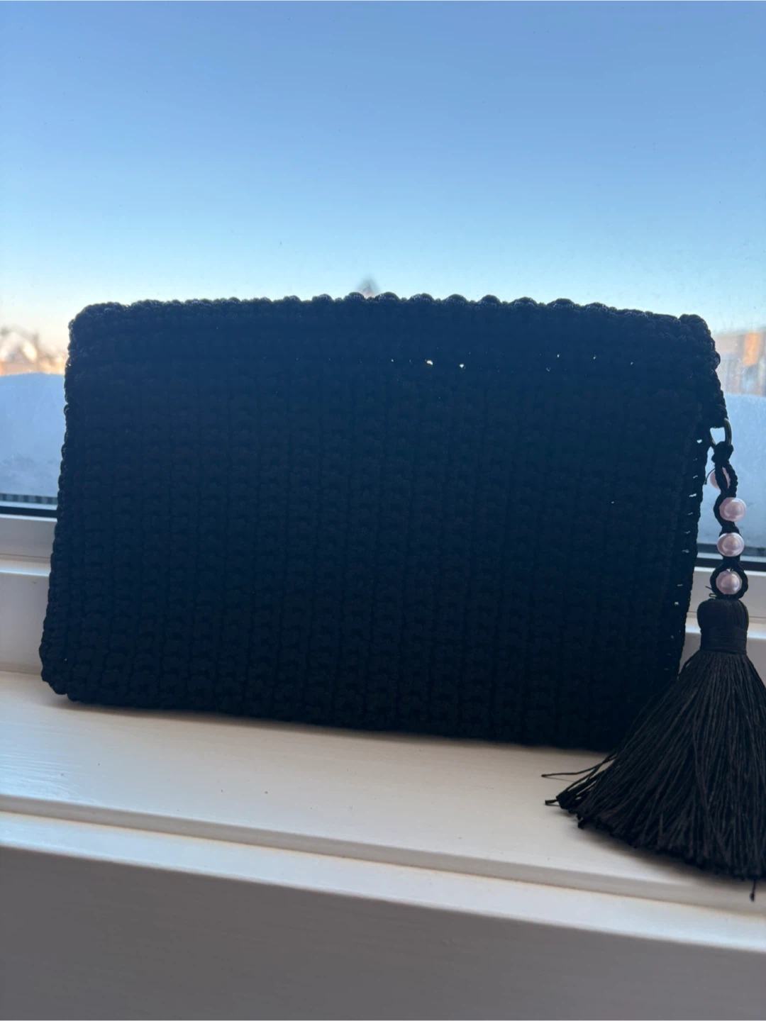 Black Crochet Clutch with Pearl Embellishment and Tassel - photo 3