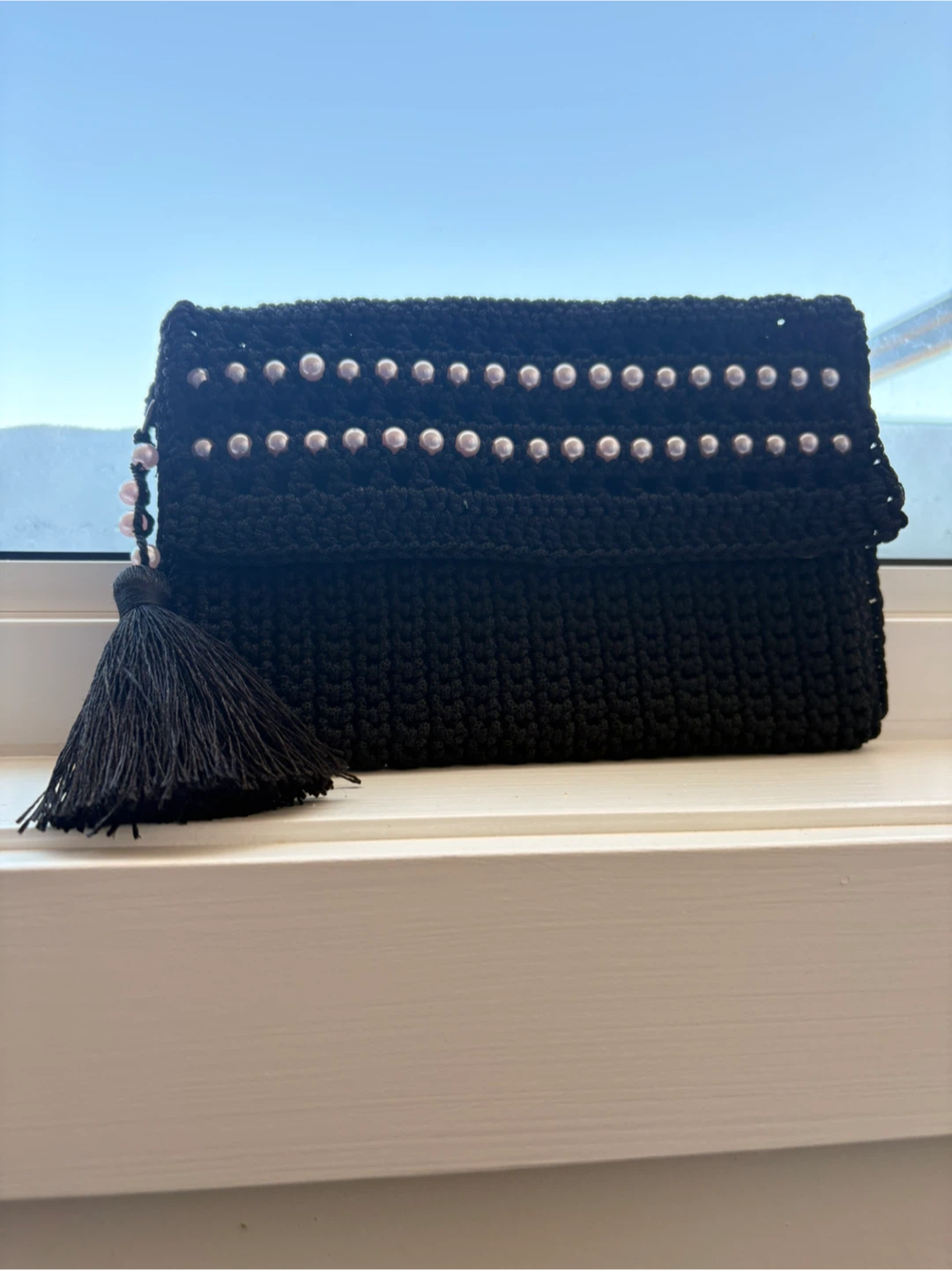 Black Crochet Clutch with Pearl Embellishment and Tassel
