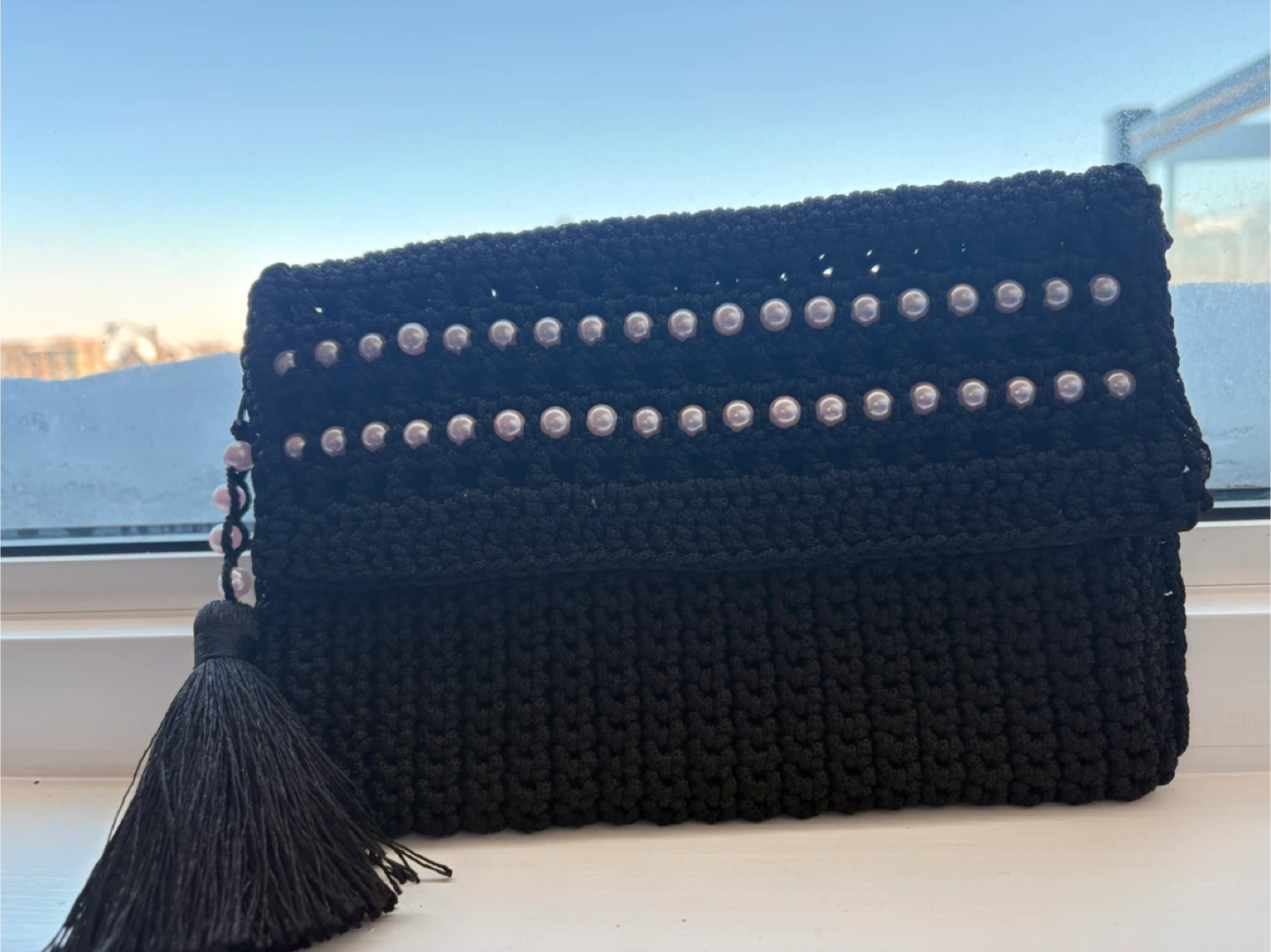 Black Crochet Clutch with Pearl Embellishment and Tassel - photo 2