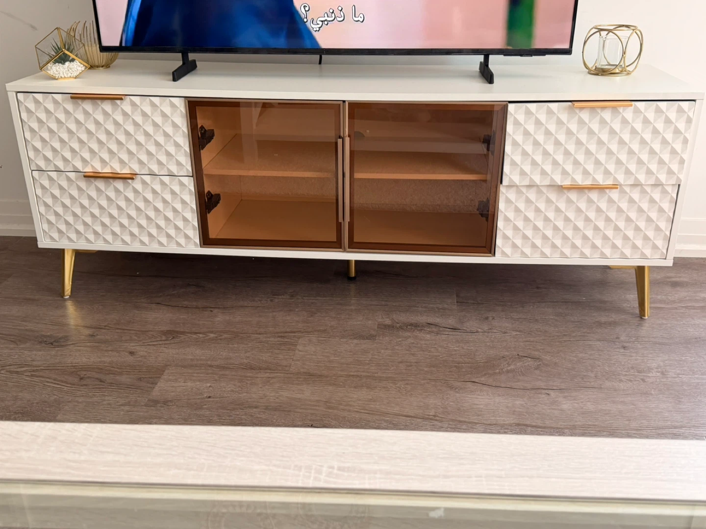 White Media Console with Glass Doors and Gold Legs