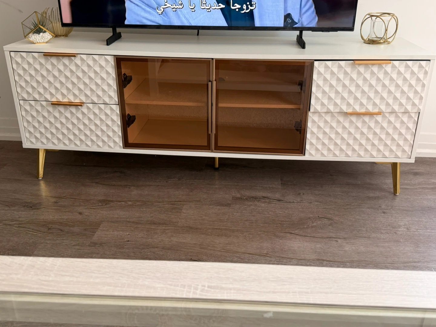 White Media Console with Glass Doors and Gold Legs - photo 2