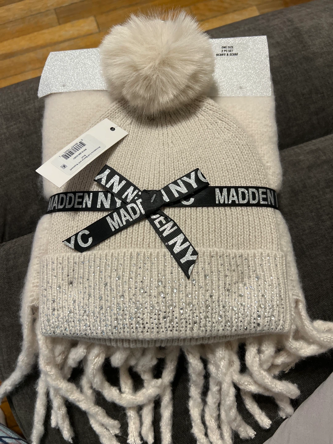 Madden NYC Rhinestone Cuff Beanie & Scarf Set - Ivory