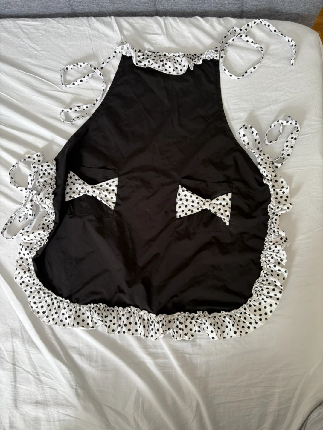 Black polka dot apron with ruffles