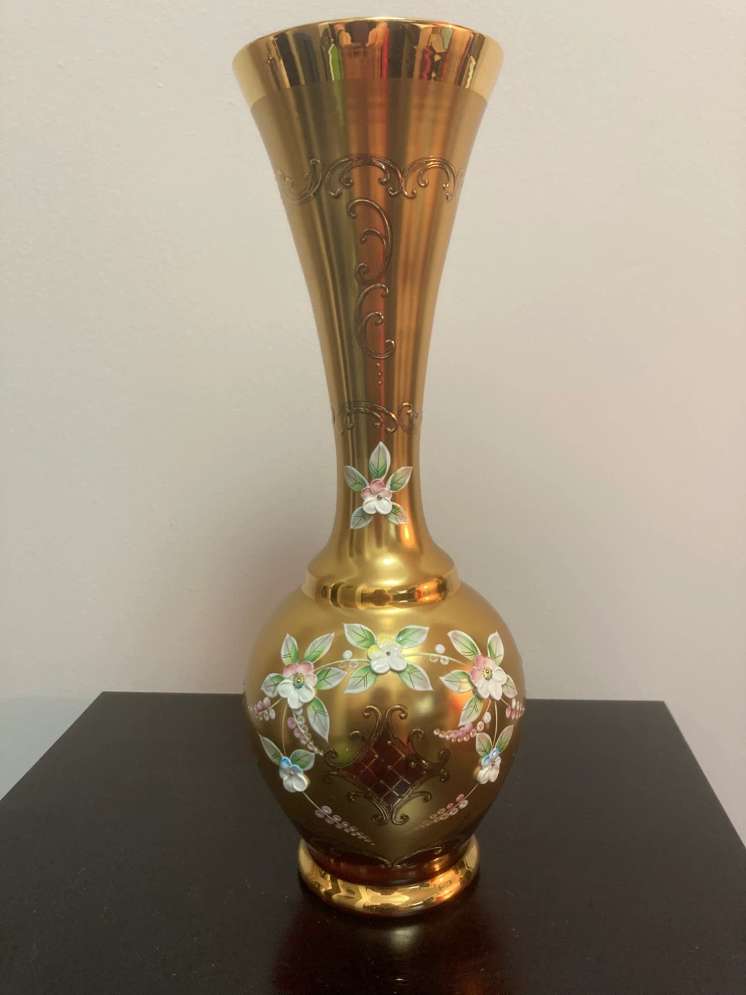 Murano Vase with Gold and Hand Painted Floral Embellishments