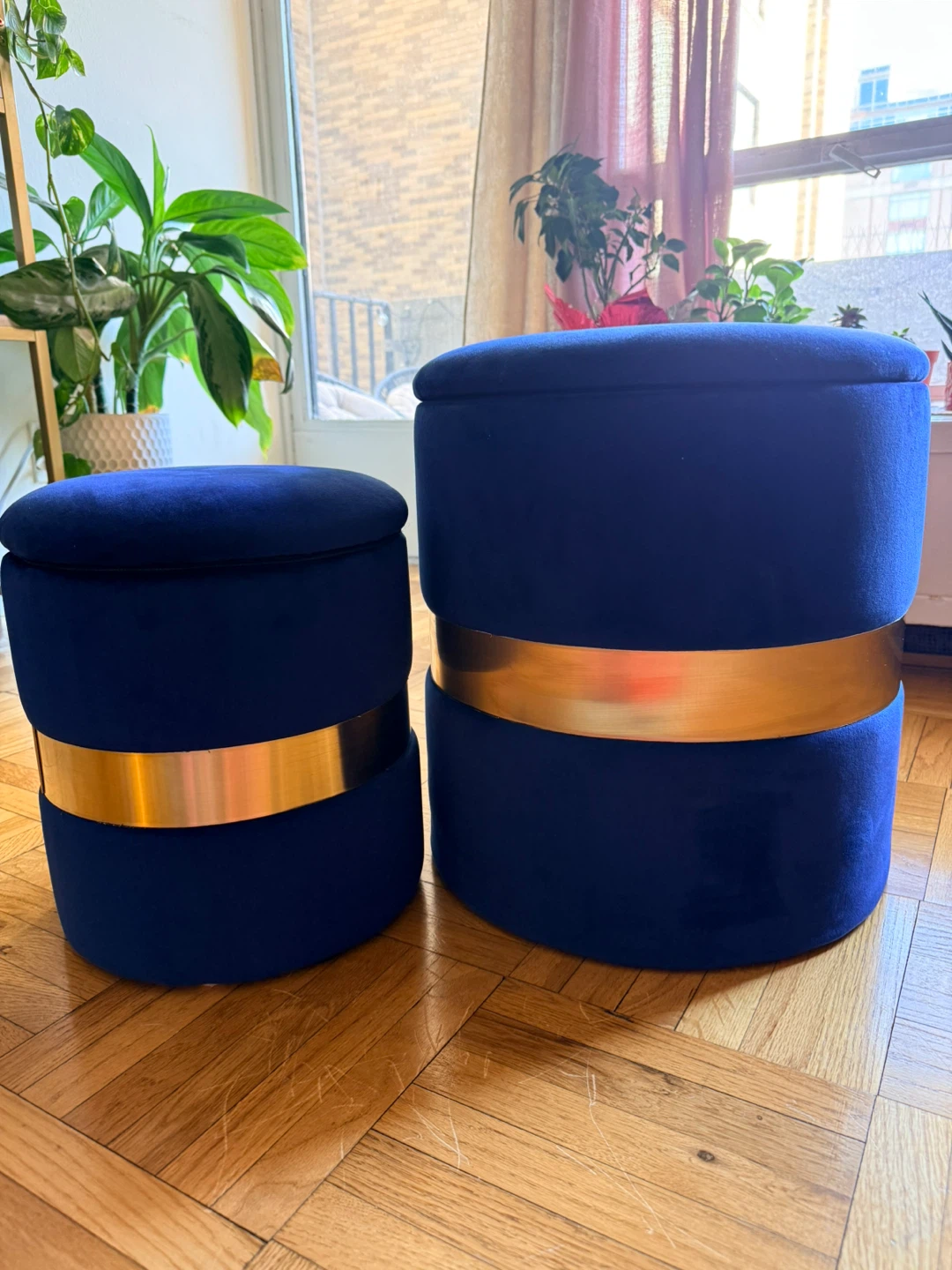 Set of 2 Blue Velvet Storage Ottomans with Gold Band