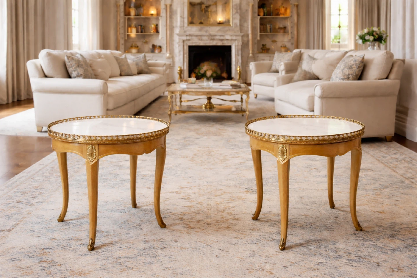 Ornate Oval Accent Table with Marble Top