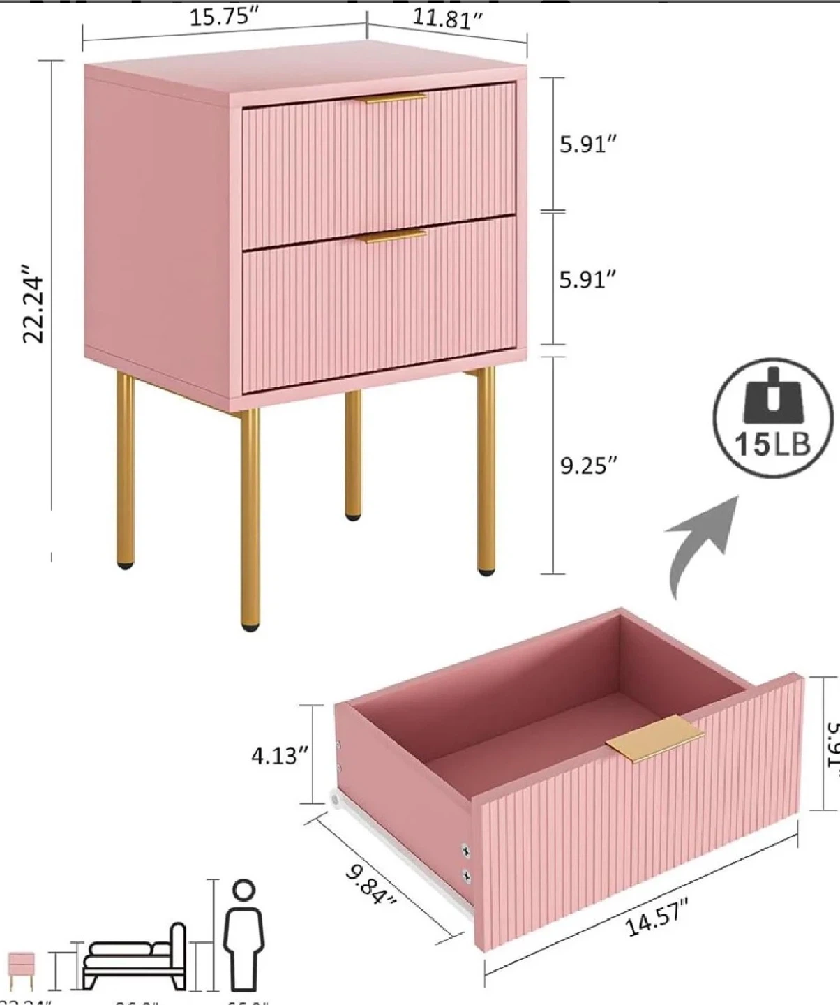 Pink 2-Drawer Nightstand with charging Station - photo 2