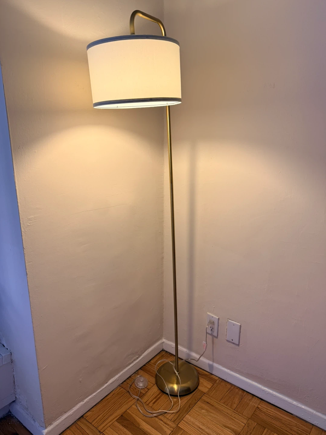 Brass Arc Floor Lamp with White Drum Shade