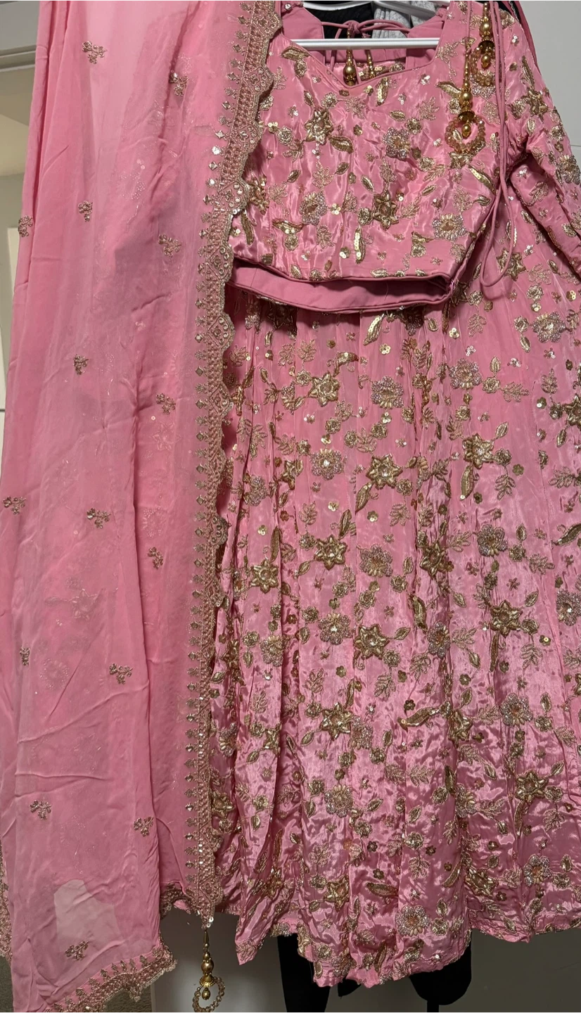 Pink Embroidered Indian Outfit - Blouse, Skirt, and Dupatta