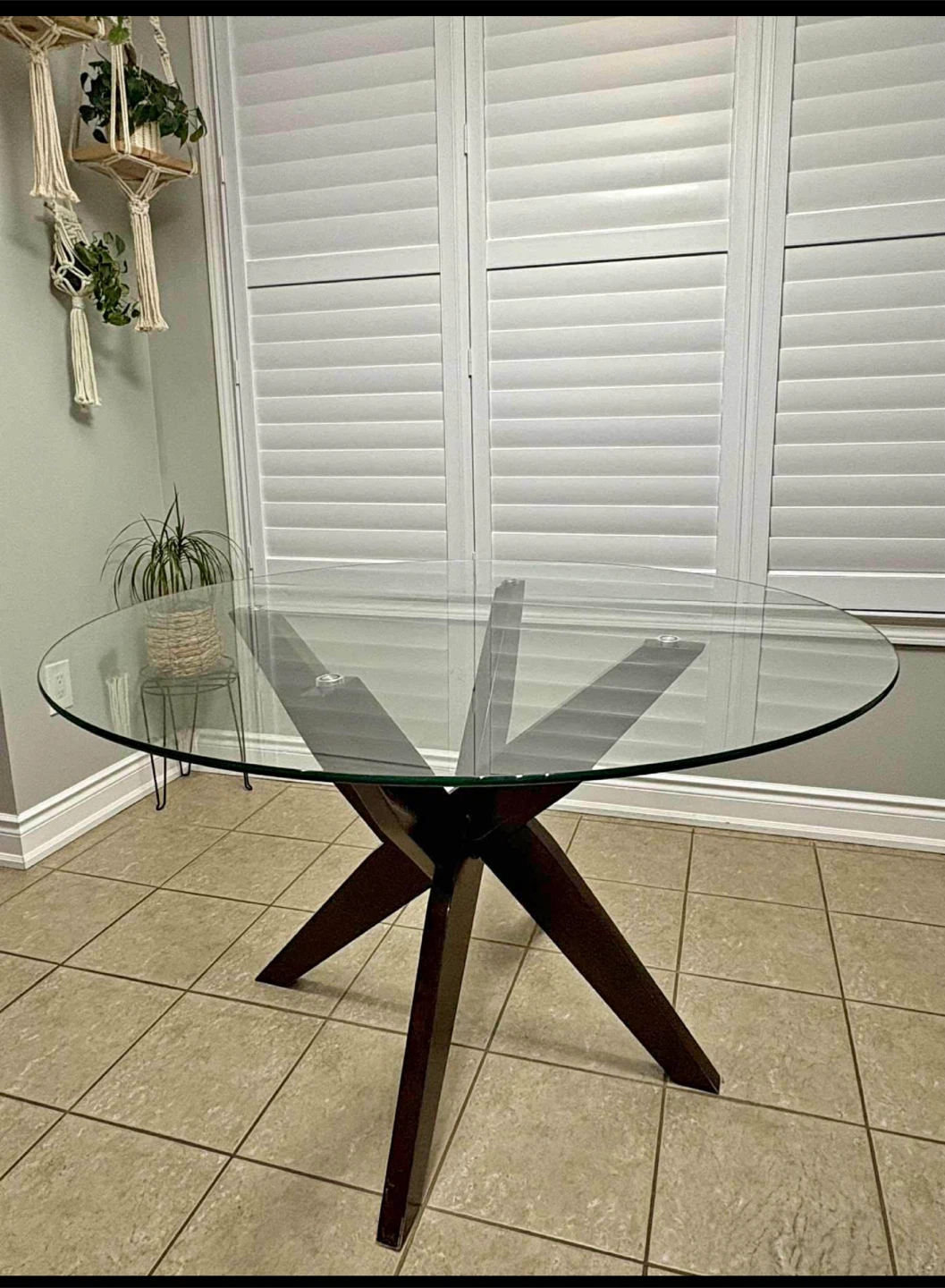 Round Glass Dining Table with Dark Wood Base