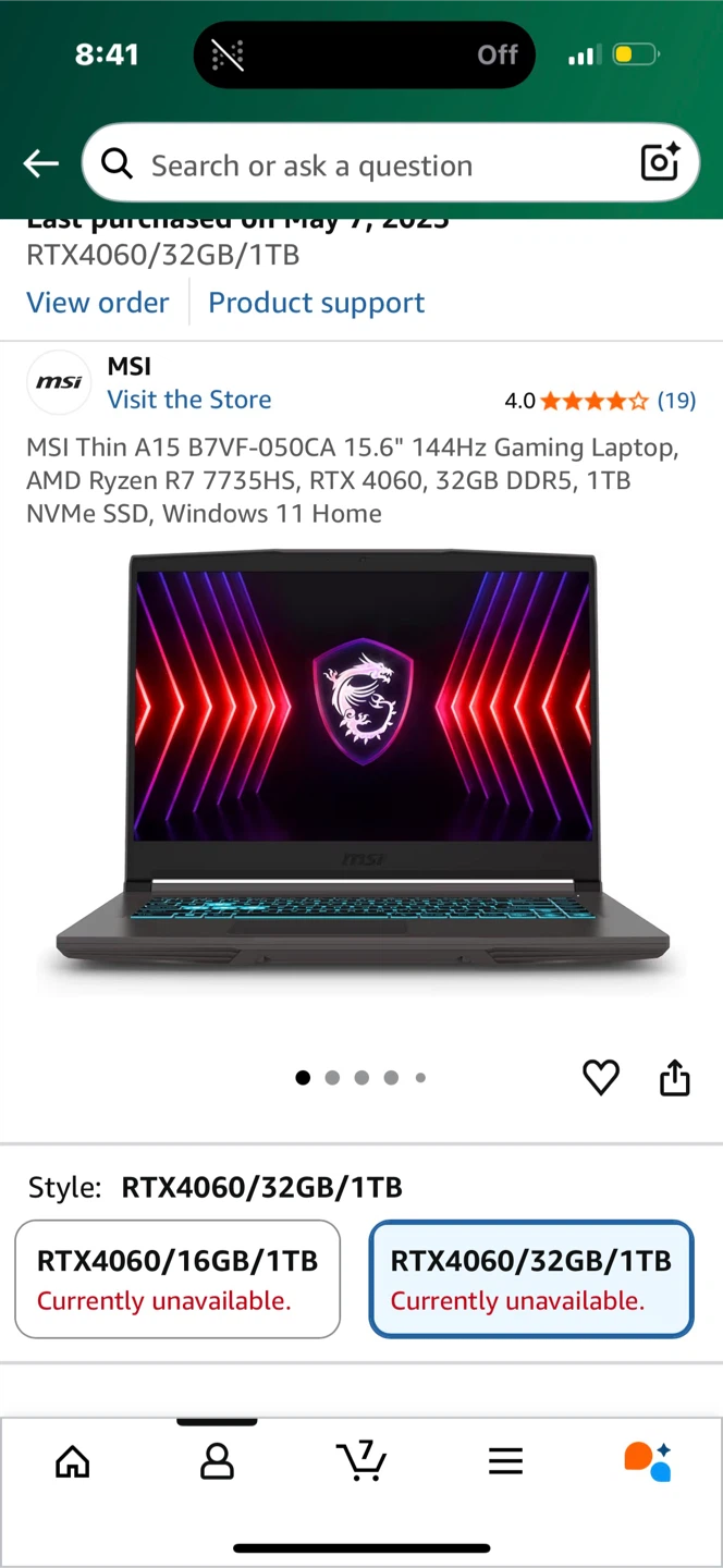 MSI Thin A15 B7VF-050CA Laptop RTX 4060 32GB 1TB SSD