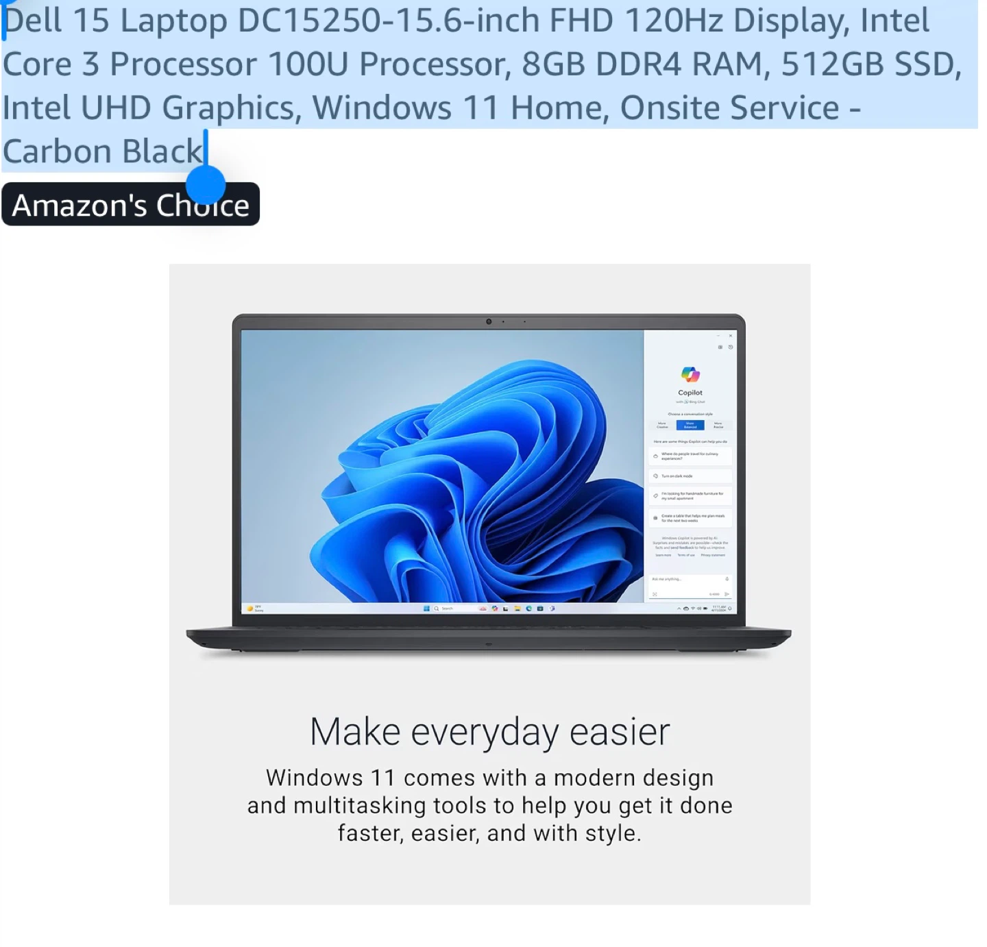 Dell 15 Laptop DC15250 - Intel Core 3, 8GB RAM, 512GB SSD - photo 2