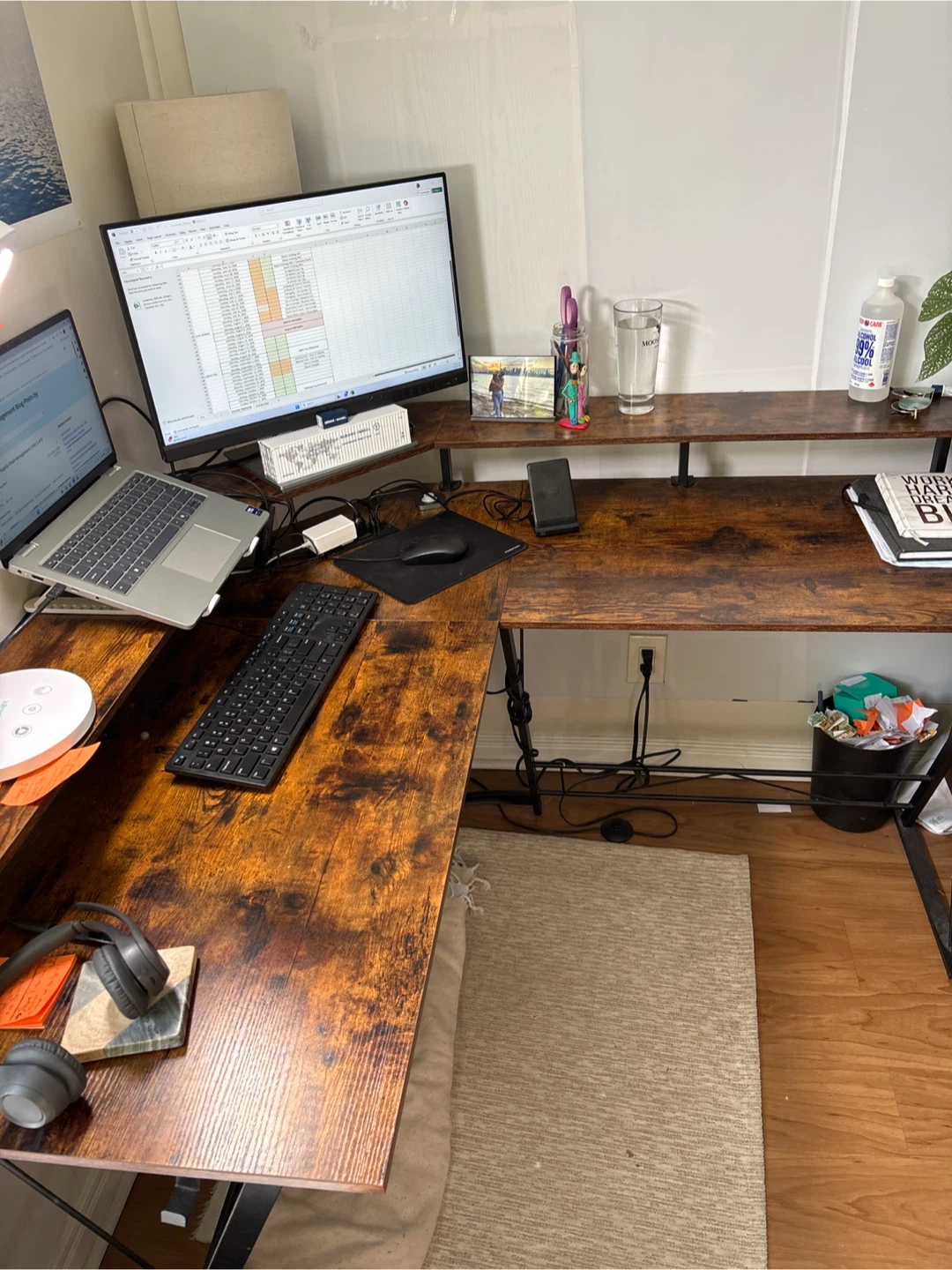 L-Shaped Desk for Corner with Built-in Power Strip