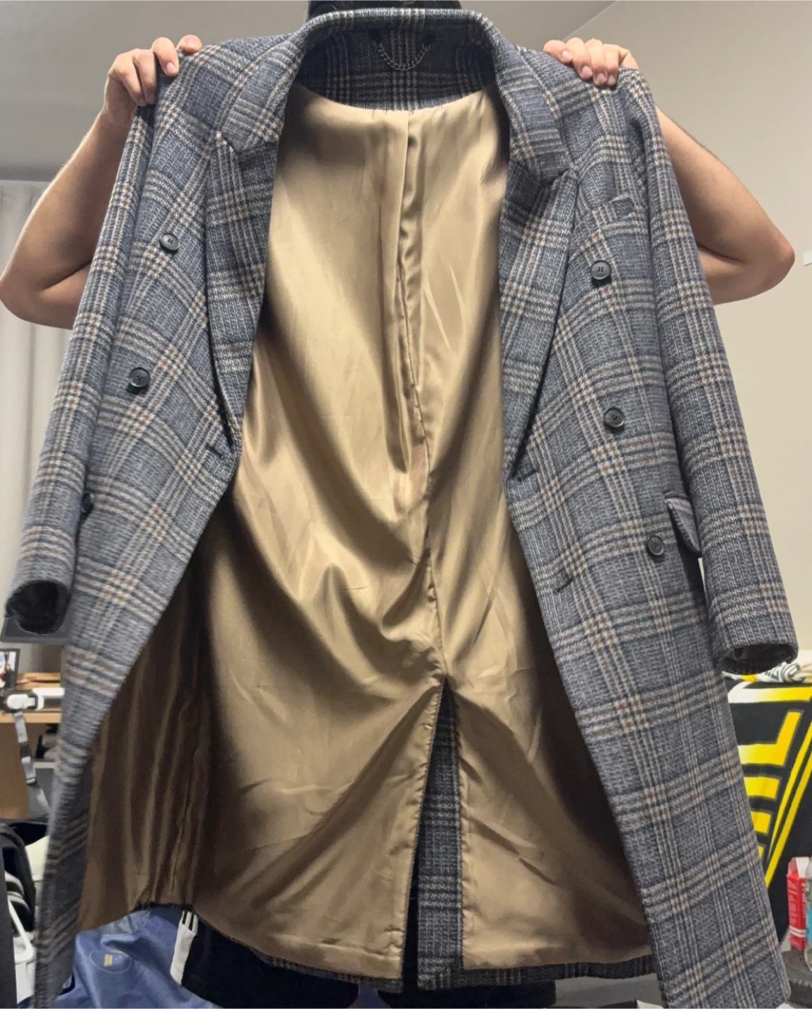 NWOT Topman Heritage Double-Breasted Plaid Overcoat - Grey/Tan