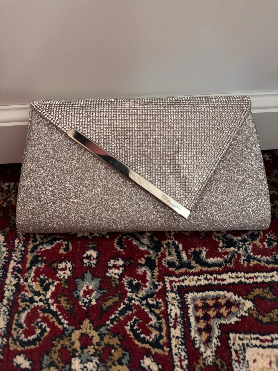 Nina New York Silver Glitter Clutch with Rhinestones