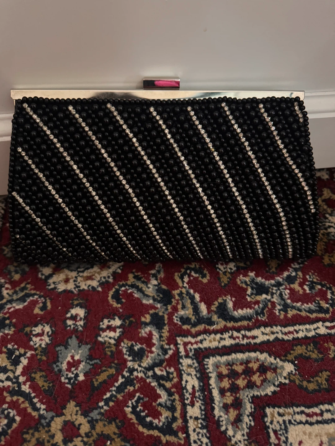 Black Beaded Clutch Purse with Rhinestones