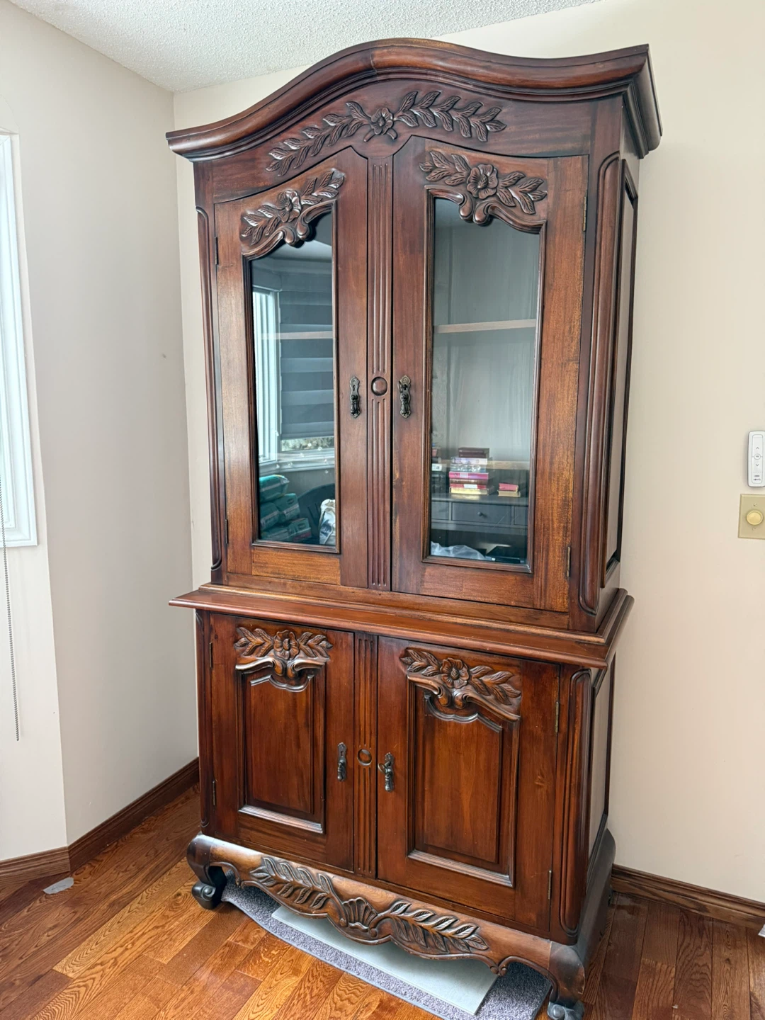 Antique Wood Display Cabinet with Glass Doors