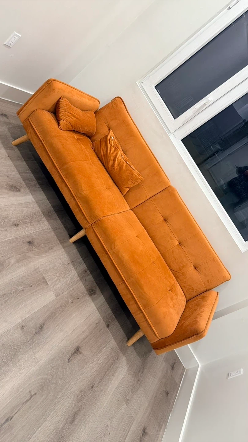 Orange Velvet Futon Sofa Bed with Pillows