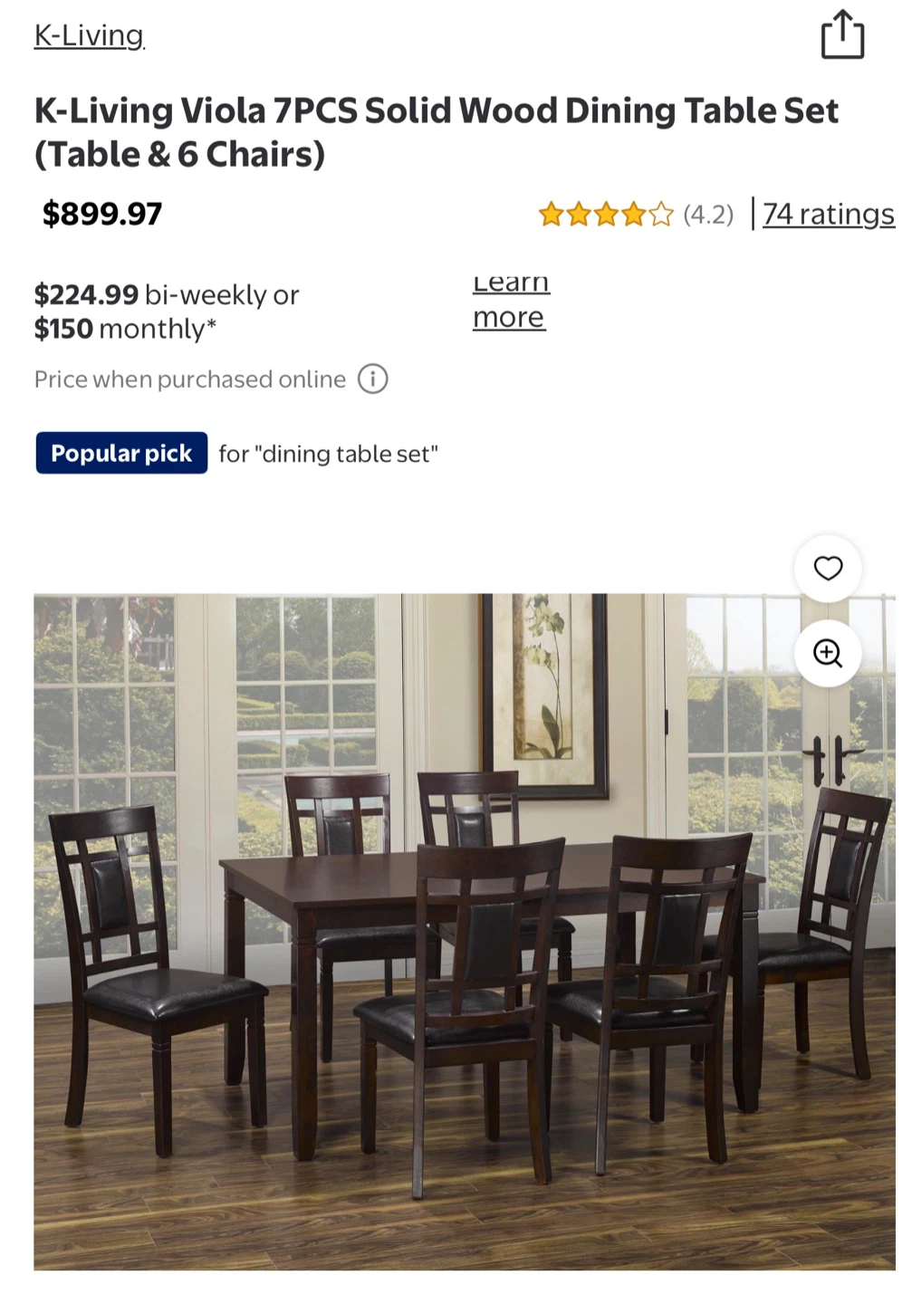 K-Living Viola 7 Piece Solid Wood Dining Set