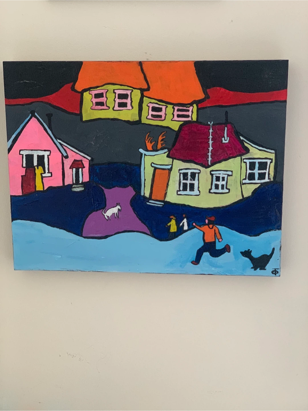 Original Folk Art Painting of Village Scene