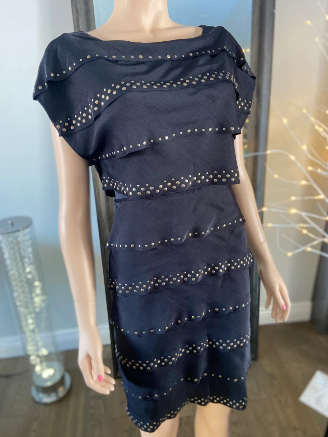 LIKE NEW: BCBG Maxazria Navy Blue Tiered Gold Studded Dress XXS - photo 5