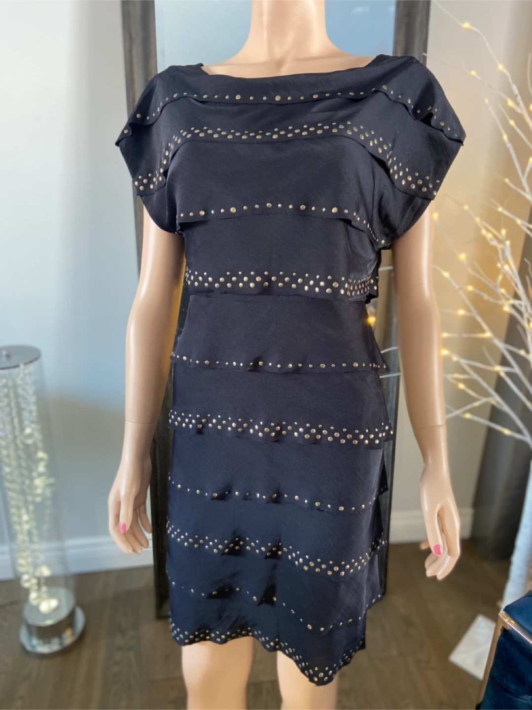 LIKE NEW: BCBG Maxazria Navy Blue Tiered Gold Studded Dress XXS