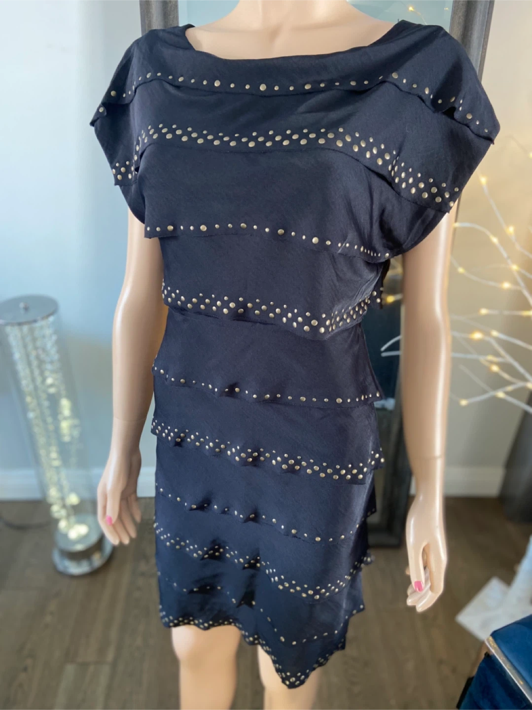LIKE NEW: BCBG Maxazria Navy Blue Tiered Gold Studded Dress XXS - photo 3