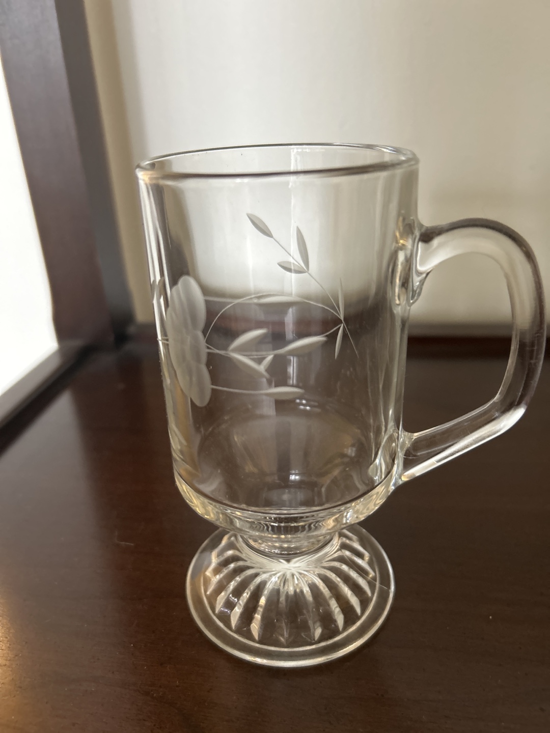 Clear Etched Glass Footed Mug with Handle