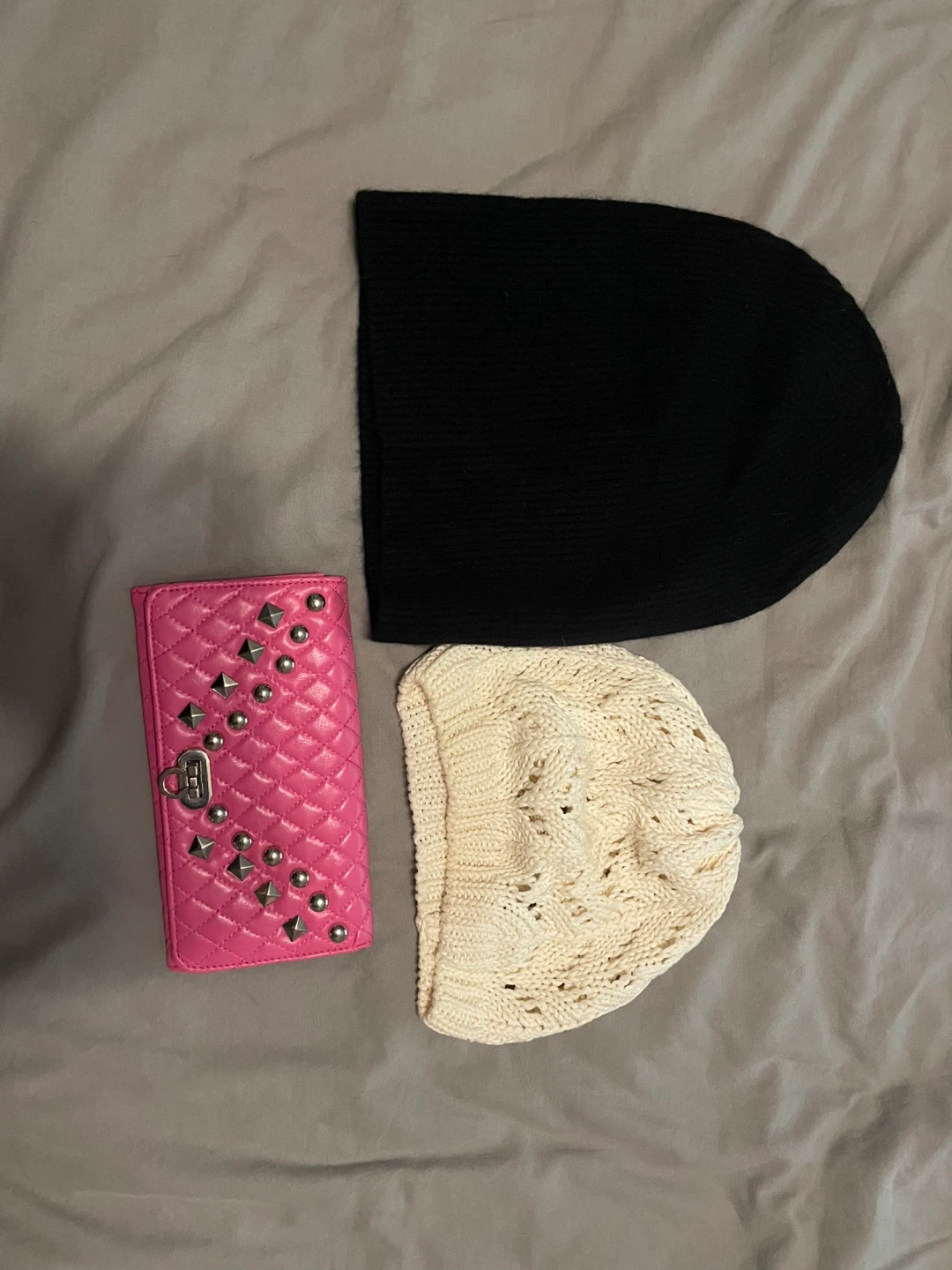 Pink Quilted Wallet and Two Beanies