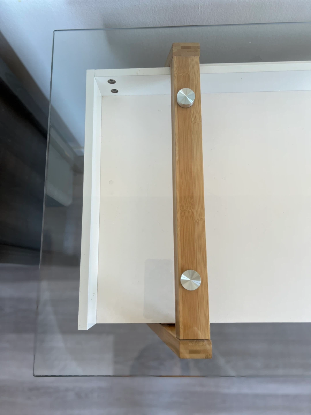 Glass Top Desk with White Drawer and Wood Accents - photo 3