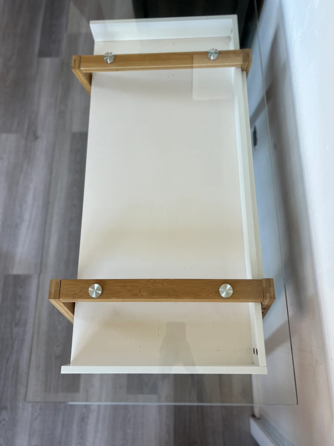 Glass Top Desk with White Drawer and Wood Accents