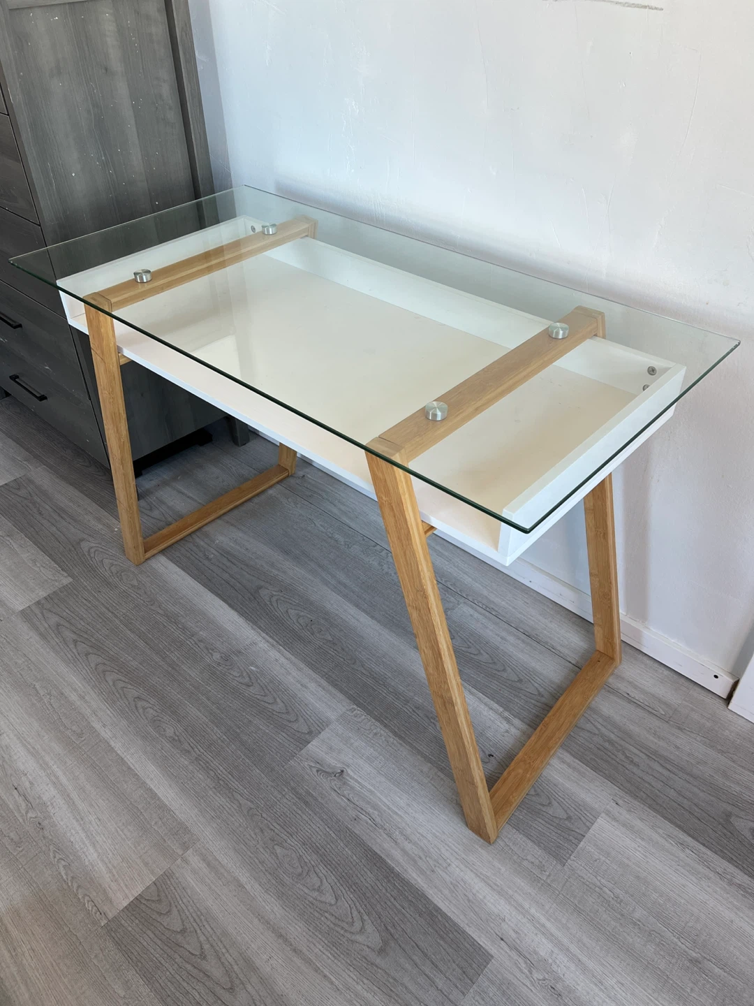 Glass Top Desk with White Drawer and Wood Accents - photo 5