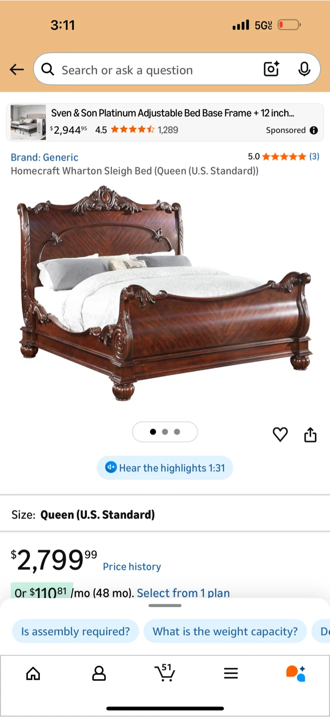 Queen Sleigh Bed Frame - Dark Wood - photo 2