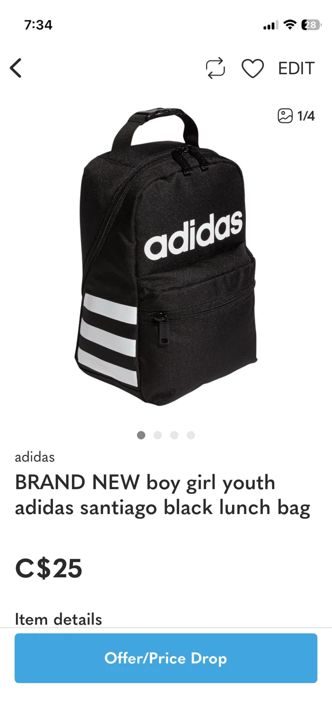 BRAND NEW boy girl youth adidas santiago black lunch bag - photo 5