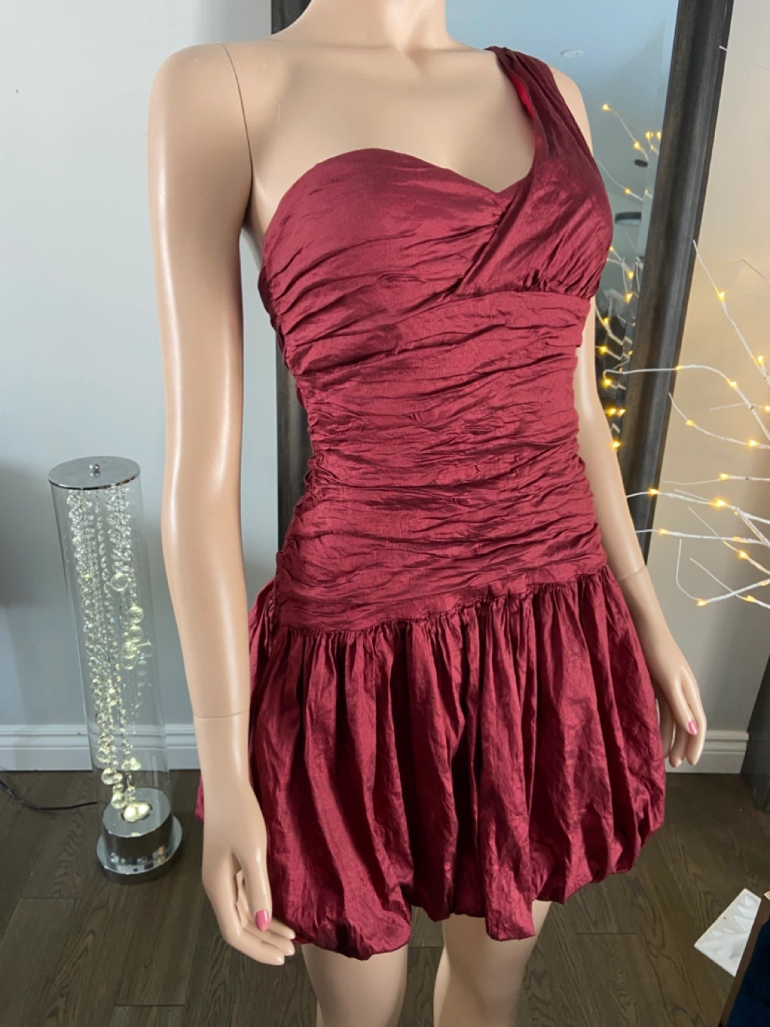 NWOT Red One-Shoulder Ruched Bubble Hem Dress 6