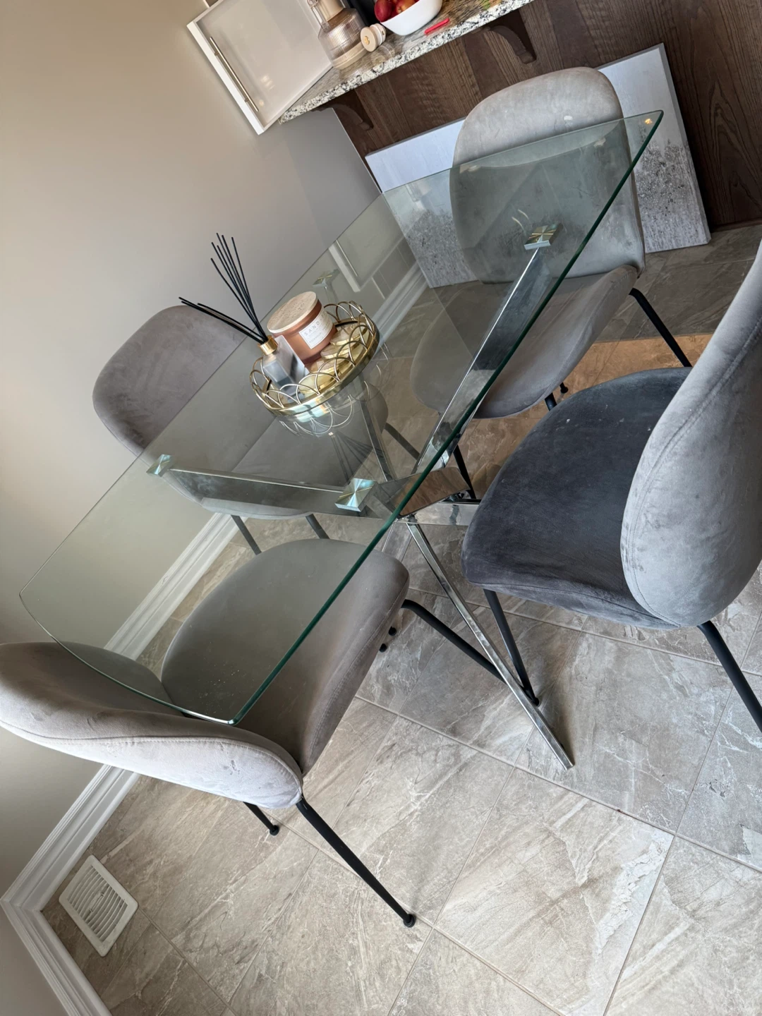 Glass Dining Table with 4 Grey Velvet Chairs